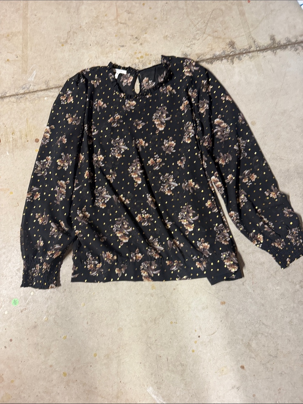 Maurices Black Floral Blouse with Gold Dot Detail